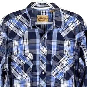 Cowboy Legend Pearl Snap Western Shirt Mens XL Blue Plaid Long Sleeve Cotton